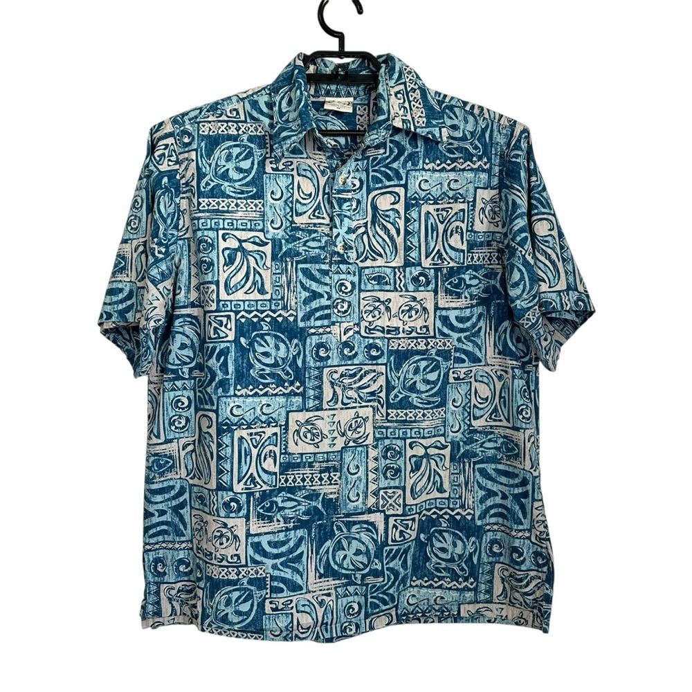 Vtg Go Barefoot Mens Hawaiian Printed Short Sleeve Shirt Sz Med Blue Popover USA